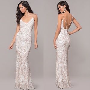 White w/ rose gold glitter gatsby style dress